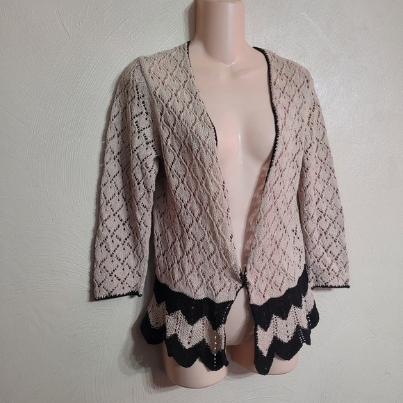 Ann Taylor LOFT Tan Black Crochet Open Front Cardigan Sweater Size Womens Small - Picture 5 of 8